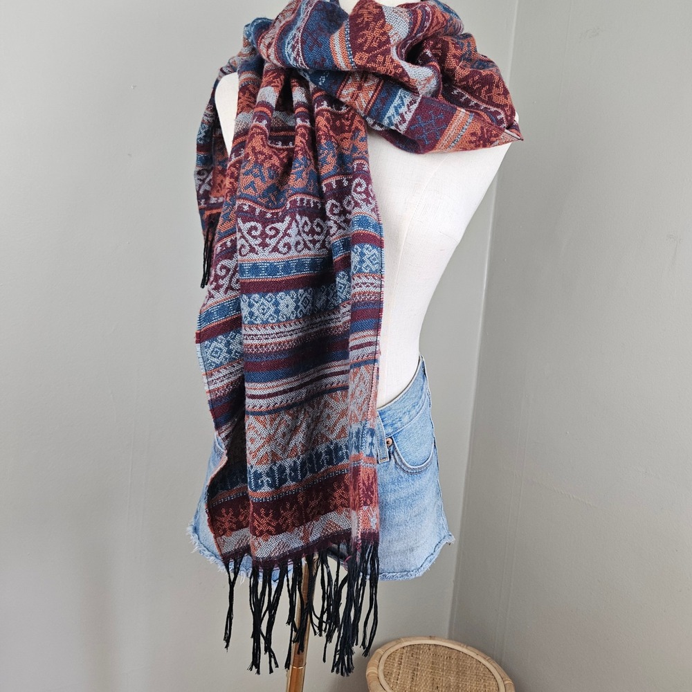 Sacred Threads Woven Boho Tribal Scarf Wrap Rust Teal Maroon - Picture 4 of 11